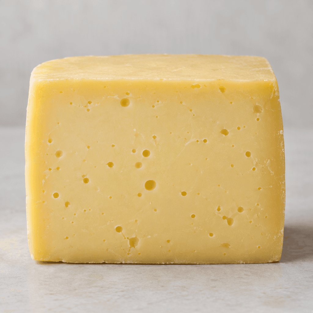 A pale yellow, firm cheese cut into a squat rectangular block, with a smooth surface and small, scattered round holes visible across the cut face.