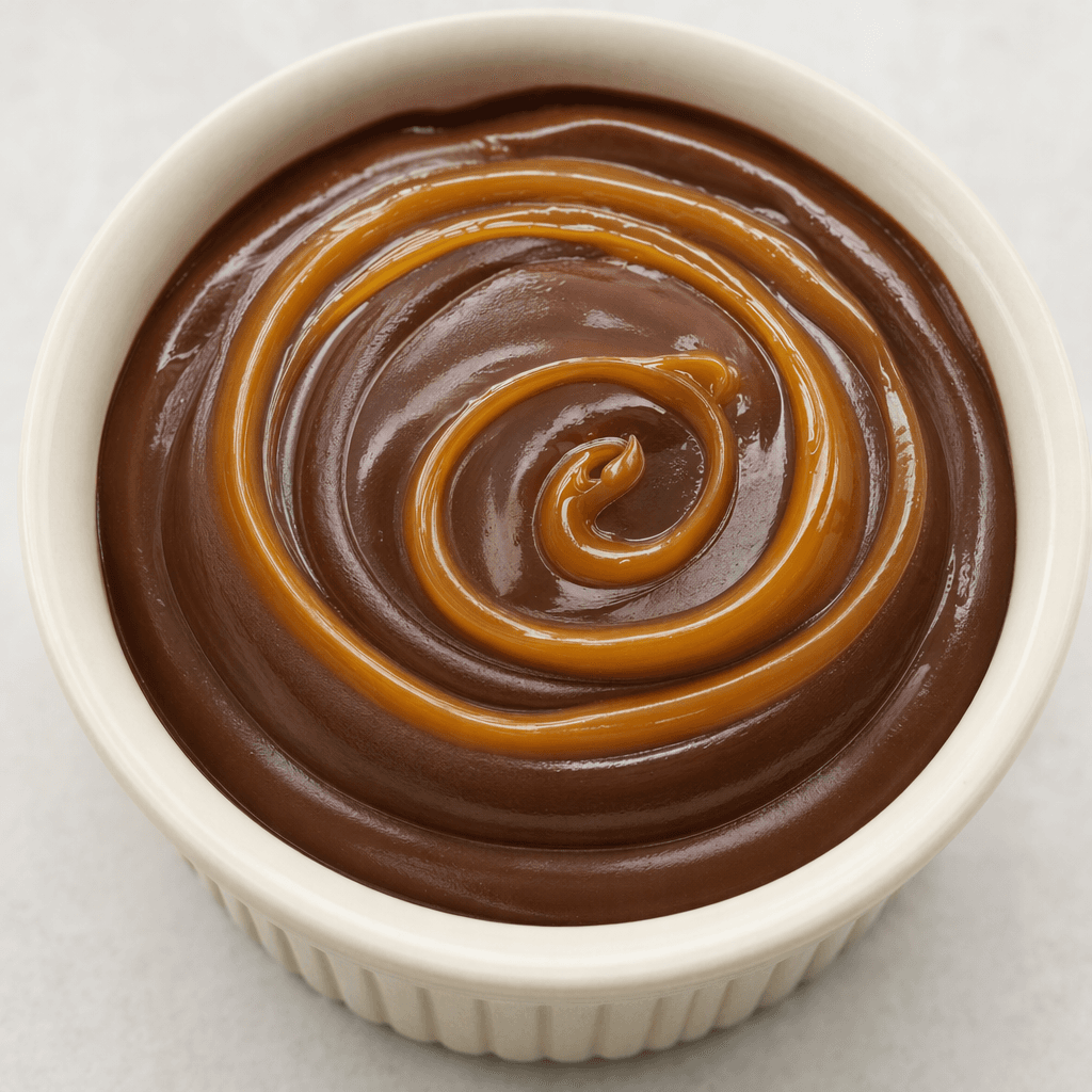 A smooth, glossy, deep-brown chocolate pudding sits in a small serving dish, with a golden caramel swirl visible across its surface.