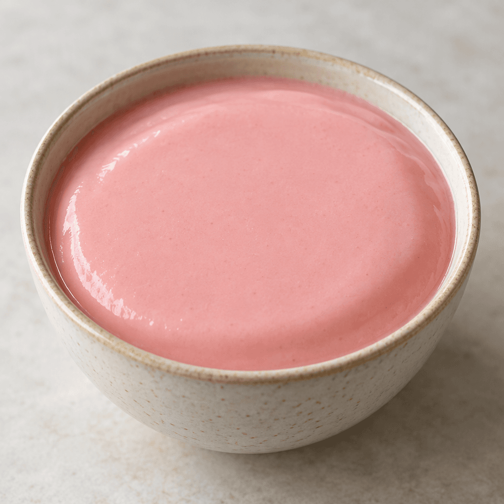 Bir kâsede, yüzeyi düzgün ve parlak, açık pembe renkli çilekli puding sade olarak servis ediliyor.