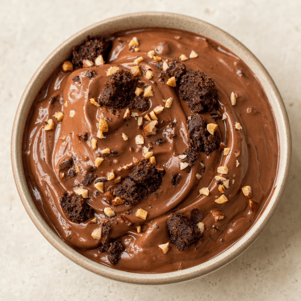 A smooth, glossy chocolate-brown dessert cream with small darker brownie pieces and fine hazelnut bits, served in a small bowl.