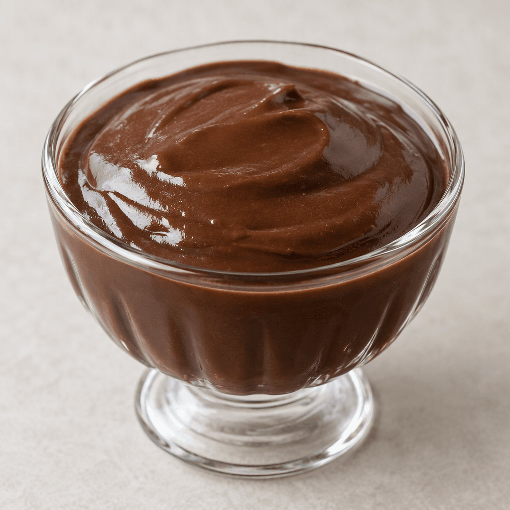 Küçük bir tatlı kasesinde, yüzeyi hafif dalgalı, koyu kahverengi ve parlak, yoğun kıvamlı çikolatalı puding bulunur.