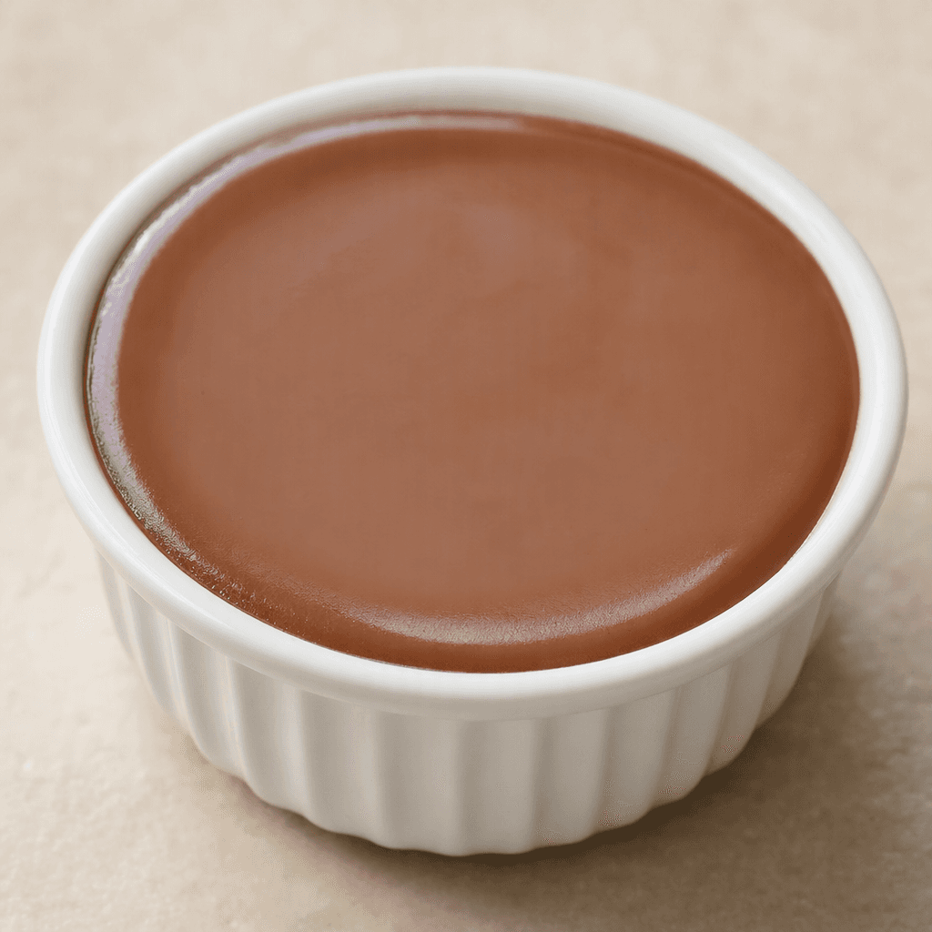 A smooth, glossy chocolate-brown dairy dessert sits in a small serving dish, with a softly creamy surface and gently rounded edges.