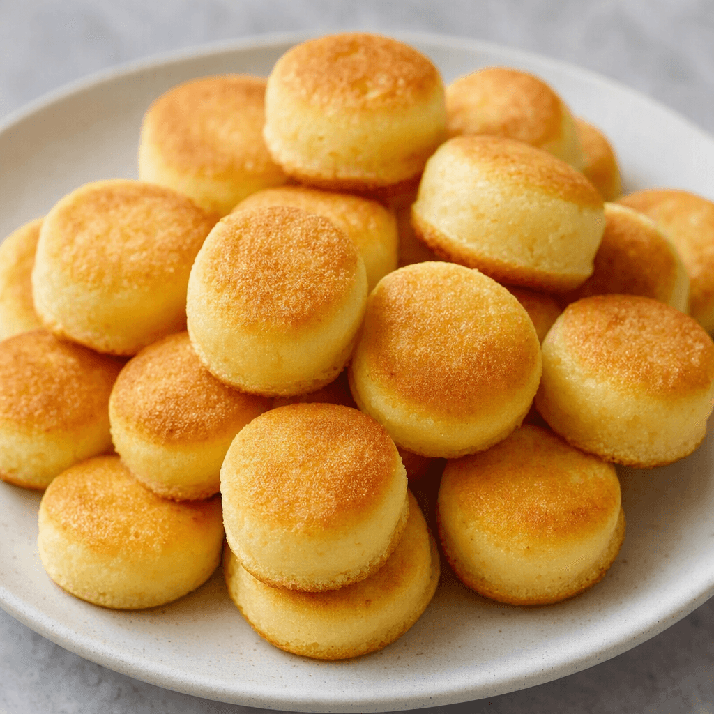 Small, bite-sized rounded cakes with a lightly browned, soft-looking surface, served together on a plate.
