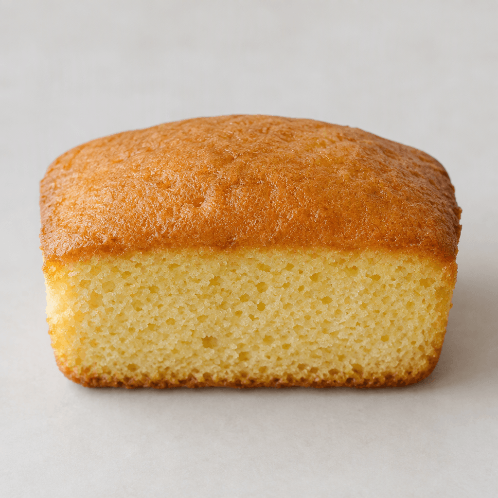A small, rectangular individual sponge cake with a softly domed golden-brown top and a fine, airy crumb visible along its cut sides.