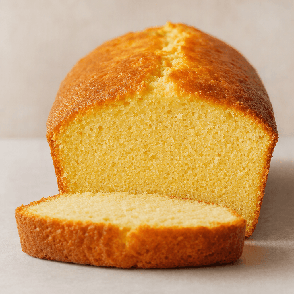 A golden-brown rectangular loaf cake with a gently rounded top and a fine, even crumb, served whole beside a thick slice showing its pale yellow interior.