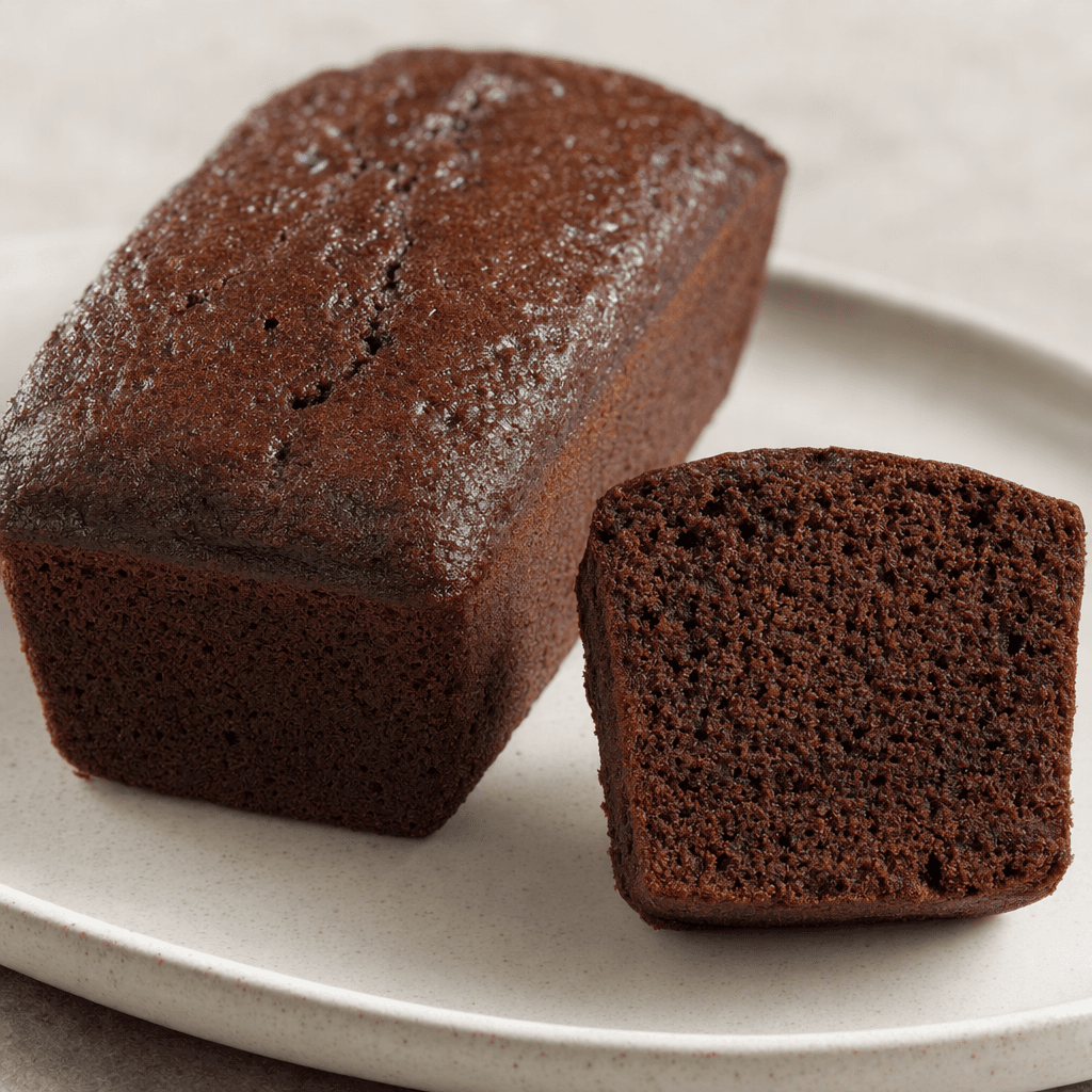 A small, rectangular chocolate cake with a dark brown, finely porous crumb, shown whole beside a cut piece that reveals its soft interior.