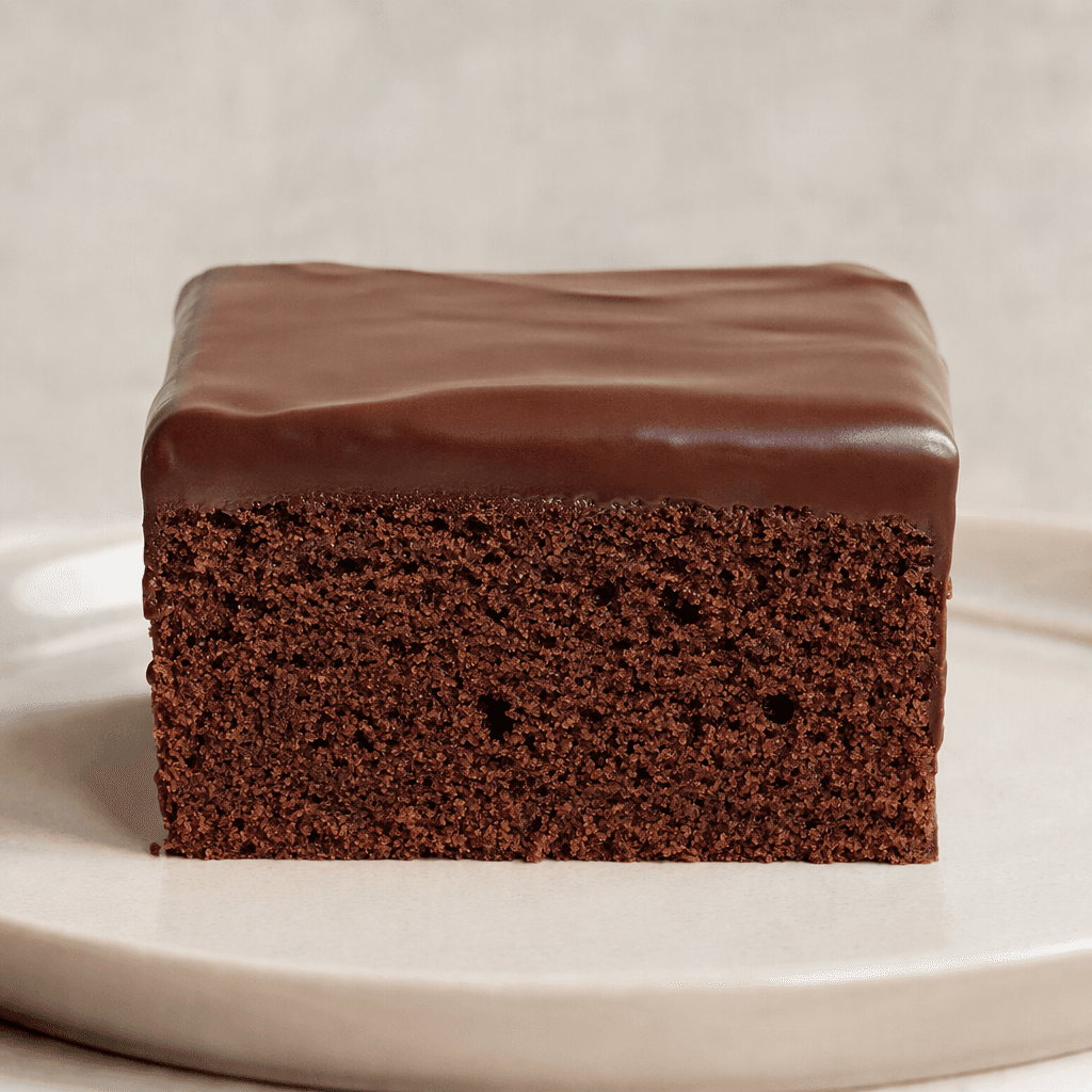 A small rectangular chocolate sponge cake with a dark brown, finely textured crumb and a smooth chocolate-coated top, served on a plate.
