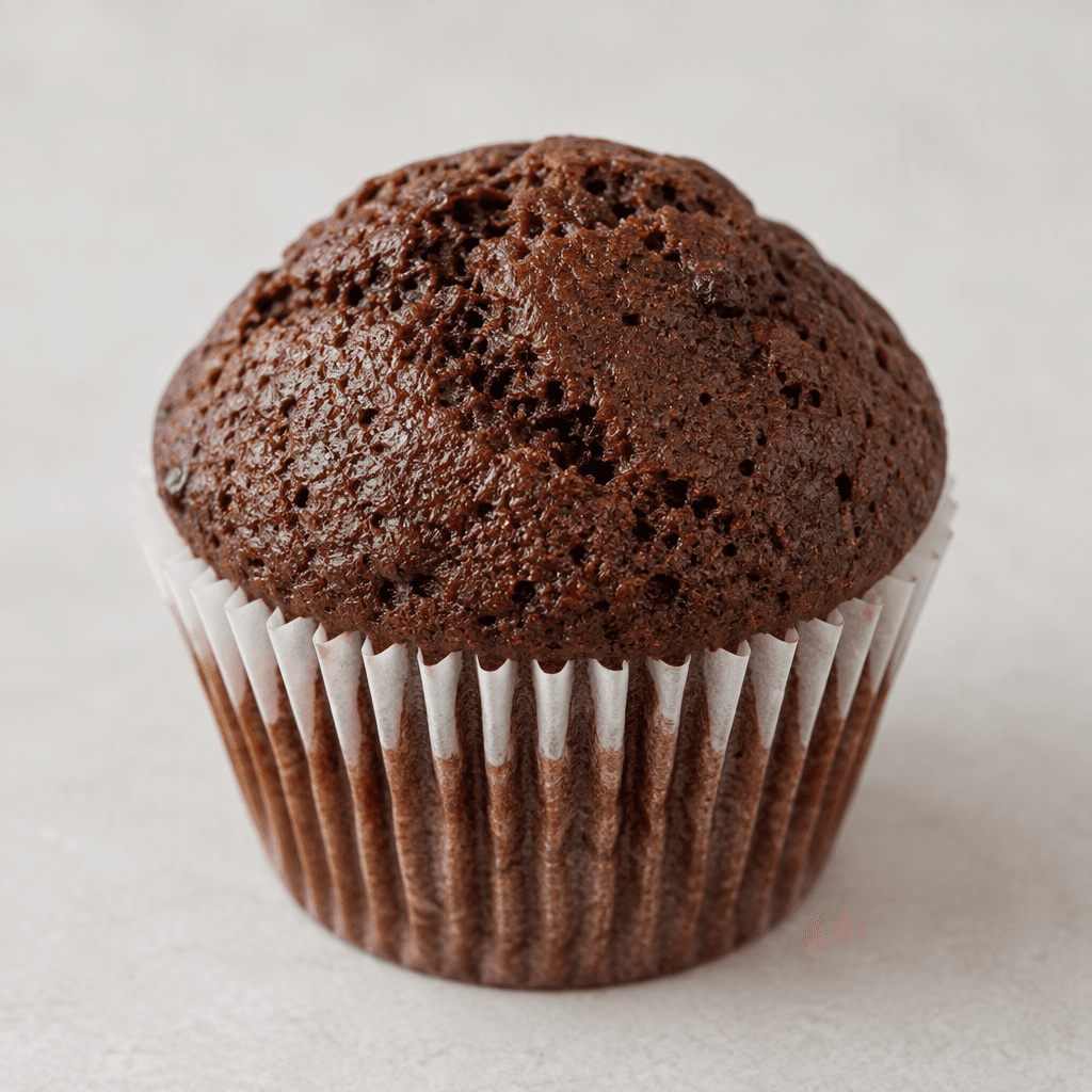 A small, round chocolate muffin with a gently domed, dark-brown top and a slightly porous crumb, sitting in a fluted paper cup.