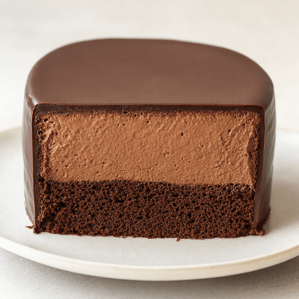 A small, round chocolate cake with a smooth dark-brown coating, shown cut open to reveal soft chocolate sponge and a thick, airy chocolate mousse layer.