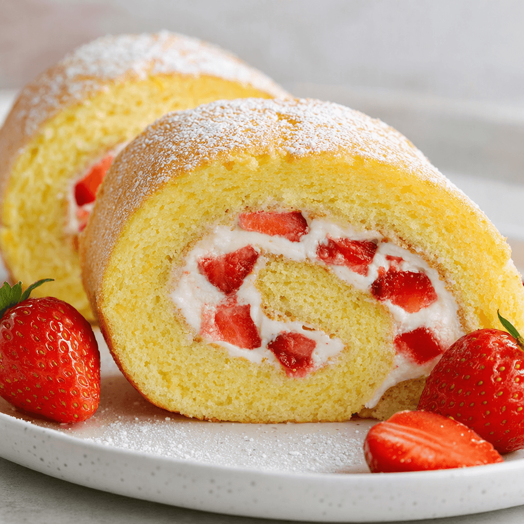 A golden sponge cake rolled into a cylinder with pale cream and red strawberry pieces spiraling through its cut end, served in slices on a plate with fresh strawberries and a light dusting of powdered sugar.