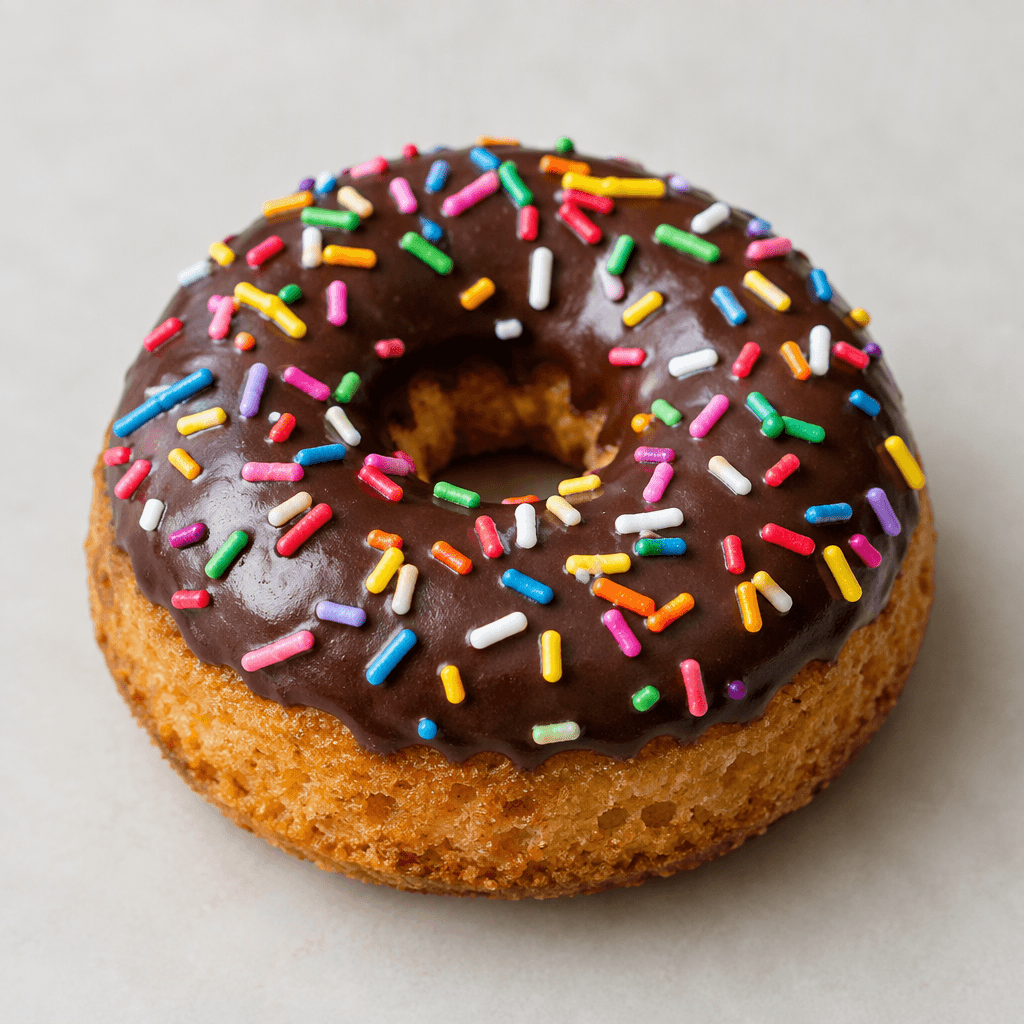 A small ring-shaped cake with a golden-brown crumb, topped with a smooth layer of dark chocolate and scattered colourful sugar sprinkles.