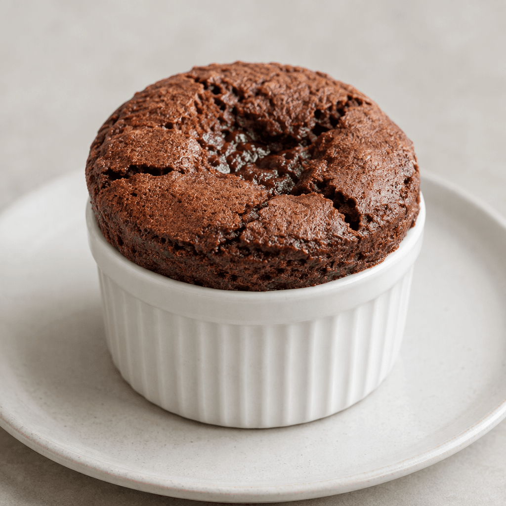 A small, round dark-brown chocolate soufflé with a lightly cracked, risen top and a soft, moist-looking center sits on a plate.