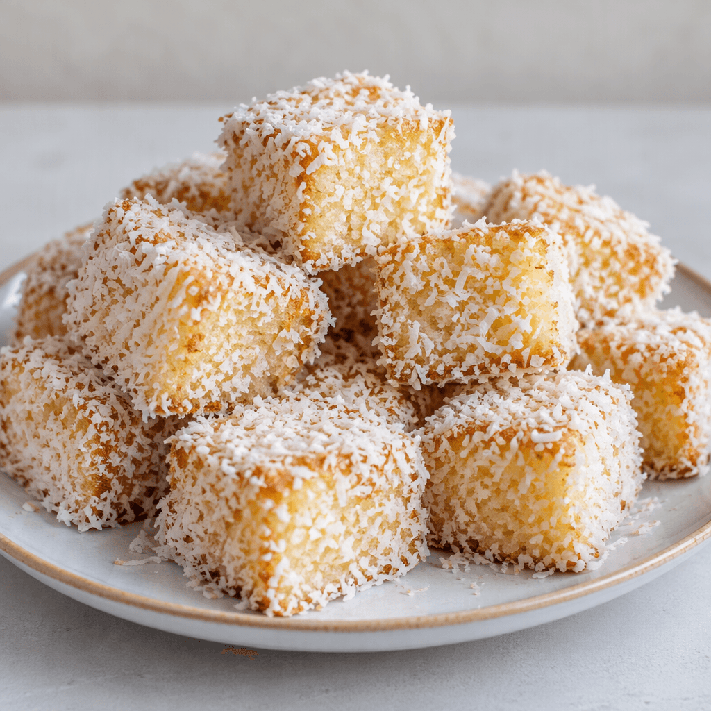 Small, bite-sized golden cake pieces are coated in fine white coconut flakes and arranged together on a plate.
