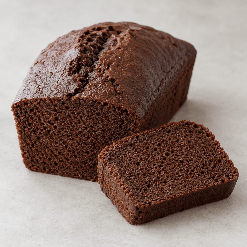 A dark cocoa-brown rectangular loaf cake with a soft, finely porous crumb, shown whole beside a cut slice.