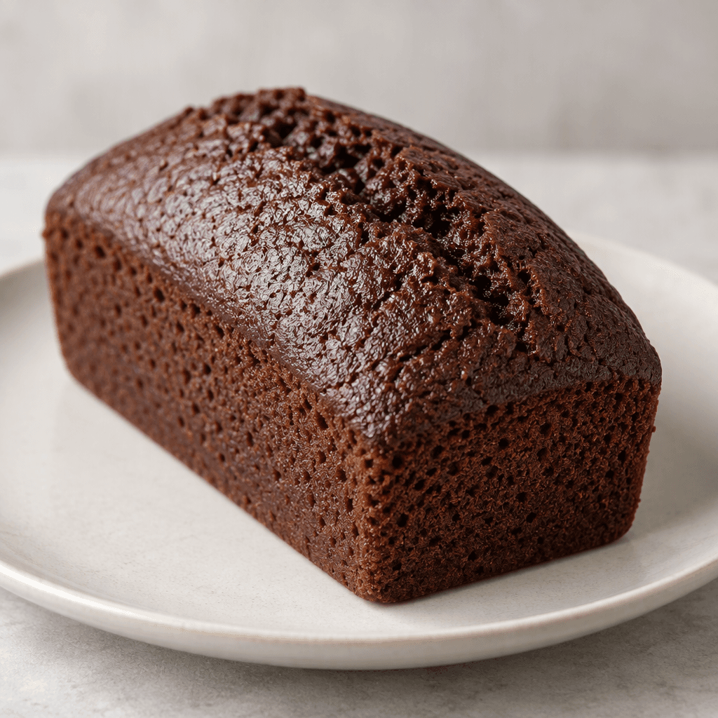 A small, oblong cocoa cake with a softly rounded, deep-brown top and a fine, even crumb, served on a plain plate.