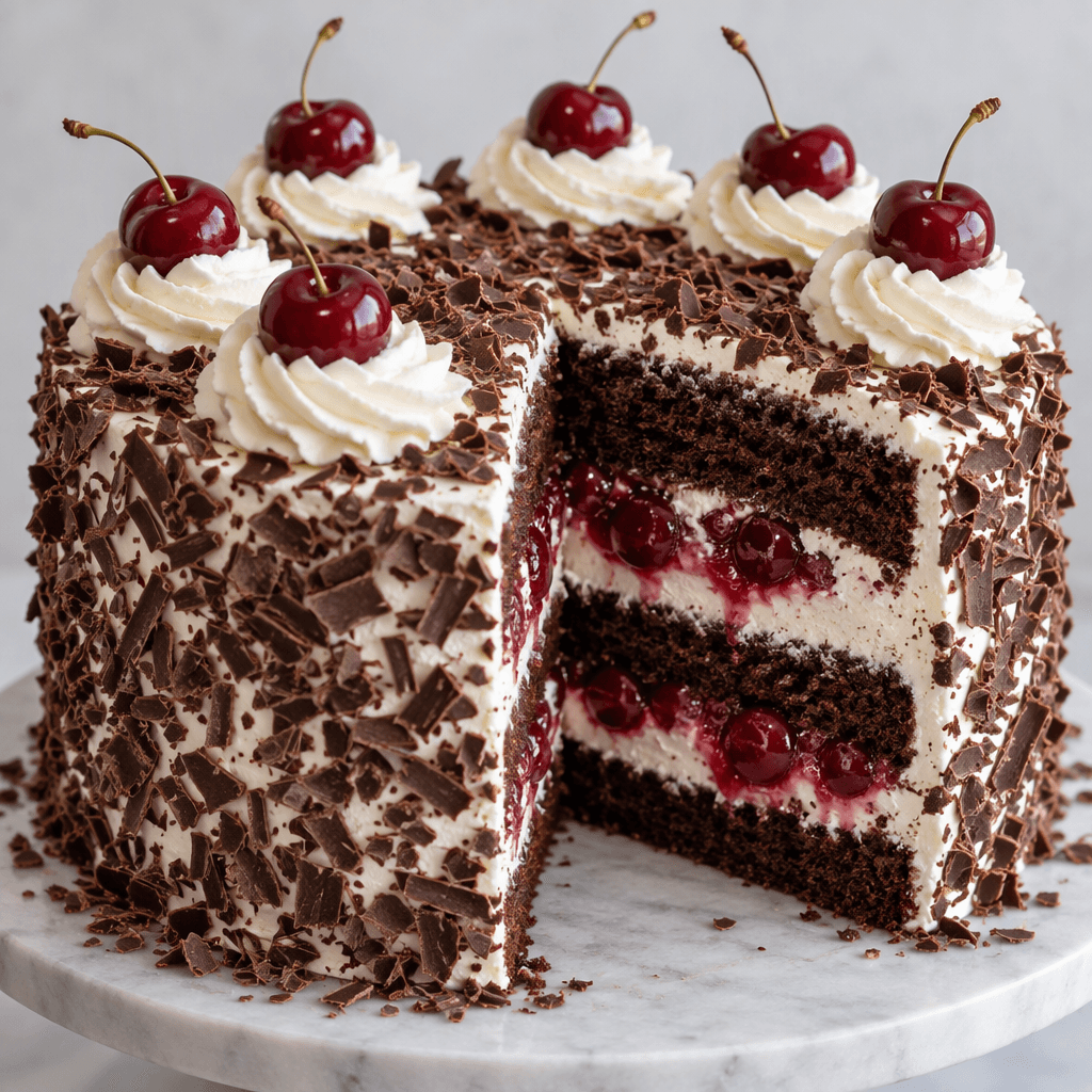 A round, tall cake with dark chocolate sponge layers separated by thick white cream and red cherries, its sides coated in cream and dark chocolate shavings, with cream rosettes and whole cherries on top.