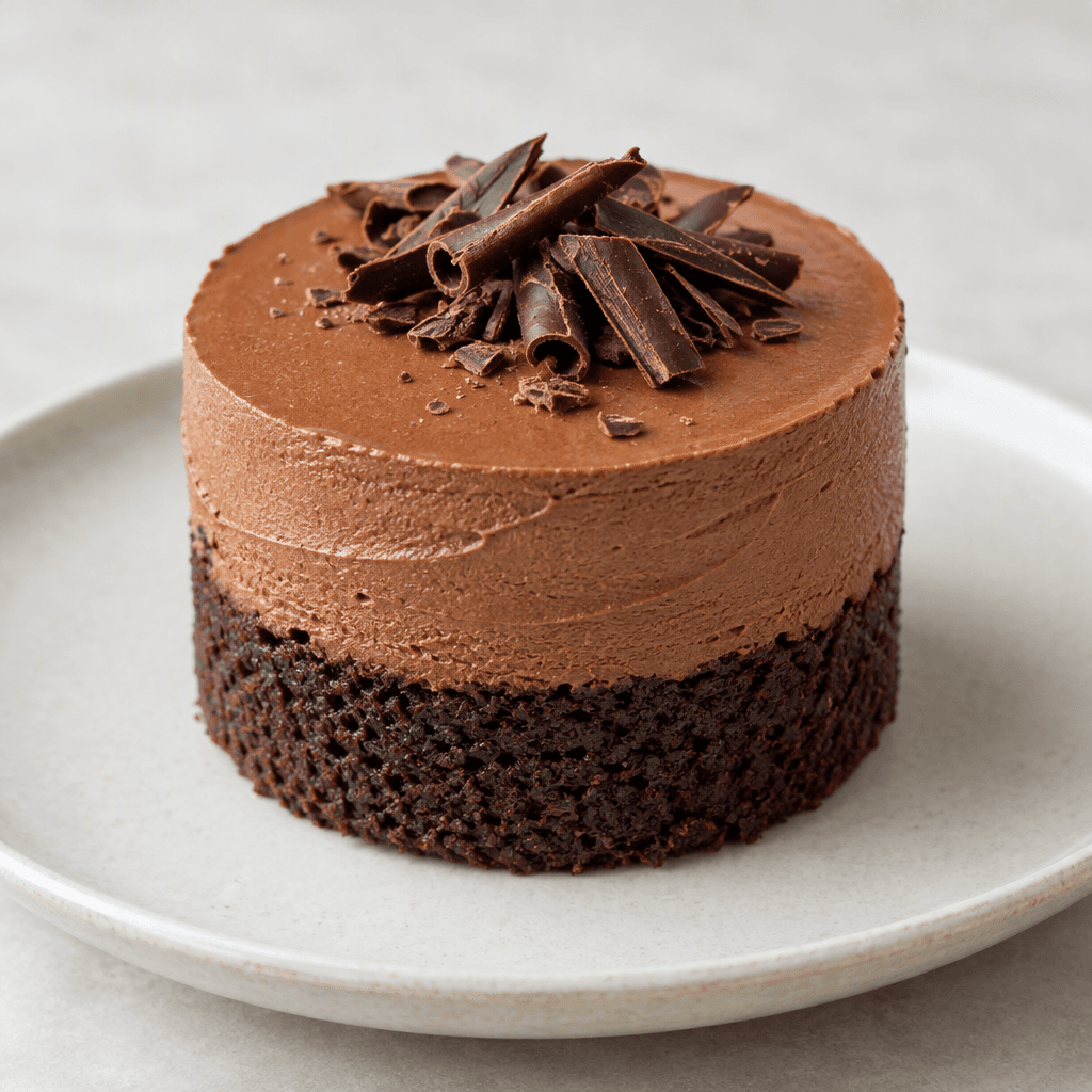 Small individual round chocolate cakes with dark, soft-looking sponge and a thick, smooth chocolate mousse layer, served on a plate.