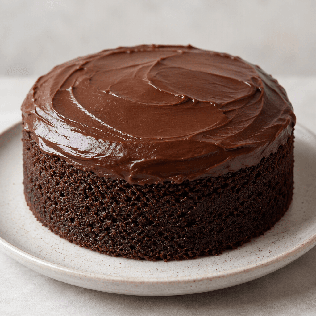 A small, round chocolate cake sits on a plate, with dark brown sides and a smooth chocolate coating on top.