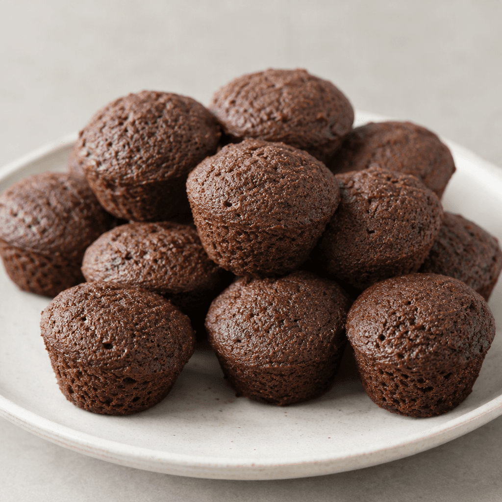 Small, rounded bite-size cocoa cakes with a soft, finely porous dark-brown surface are arranged together on a plate.
