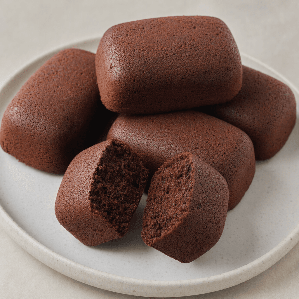 Several small, domed cocoa sponge cakes with rounded rectangular sides and a dark brown, finely porous crumb are arranged on a plate, with one split open to show its interior.