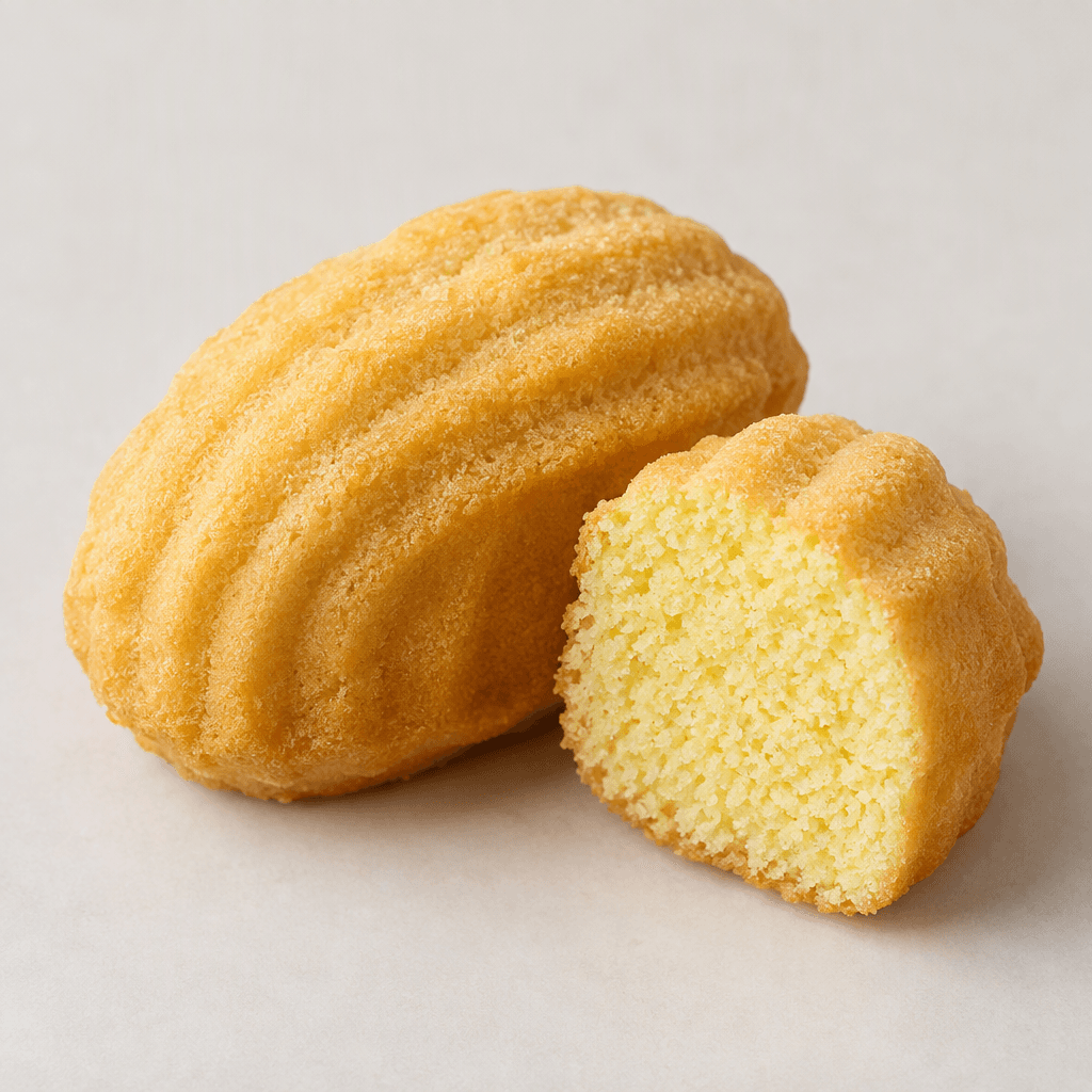 A small, pale golden-yellow oblong cake with gently ridged, scalloped sides and a fine, softly crumbed surface, shown whole beside a cut piece revealing a light-yellow interior.