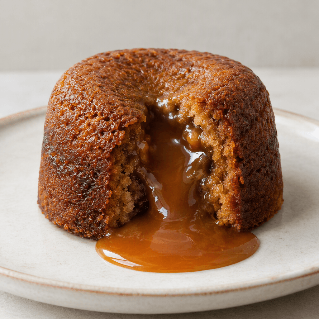 A small, round, dark golden-brown cake sits on a plate, its soft-looking center split open to reveal glossy amber caramel flowing onto the plate.