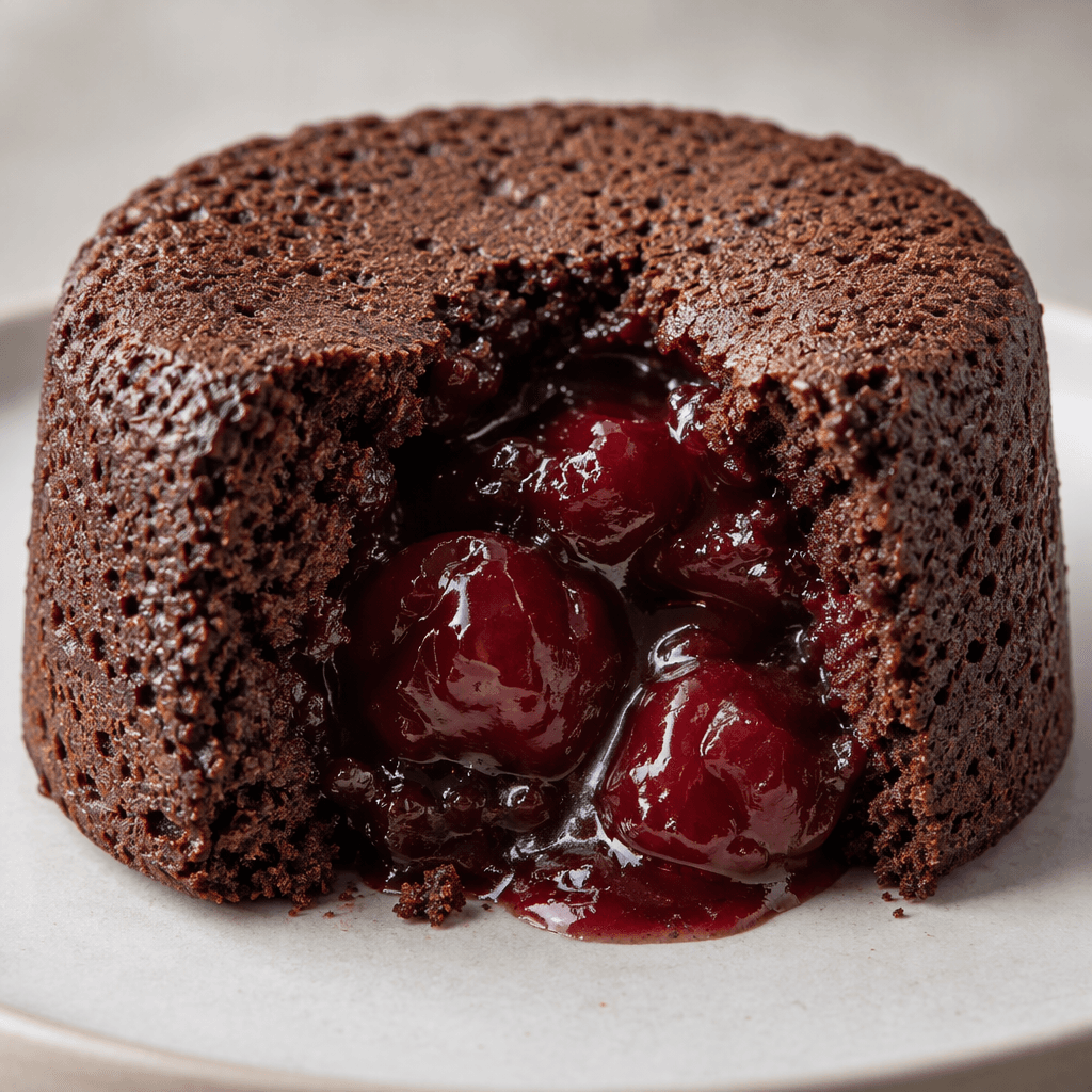 A small, round dark cocoa cake with a soft, porous crumb and a glossy deep-red sour-cherry filling visible in its center.