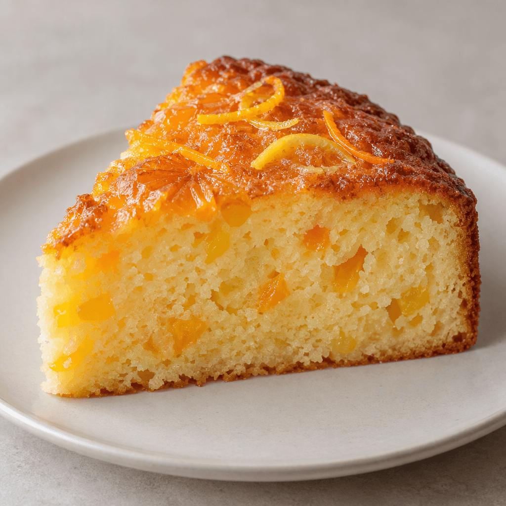 A round tangerine-lemon cake with a golden-brown top, pale yellow crumb, and small pieces of citrus visible throughout, served in a slice on a plain plate.