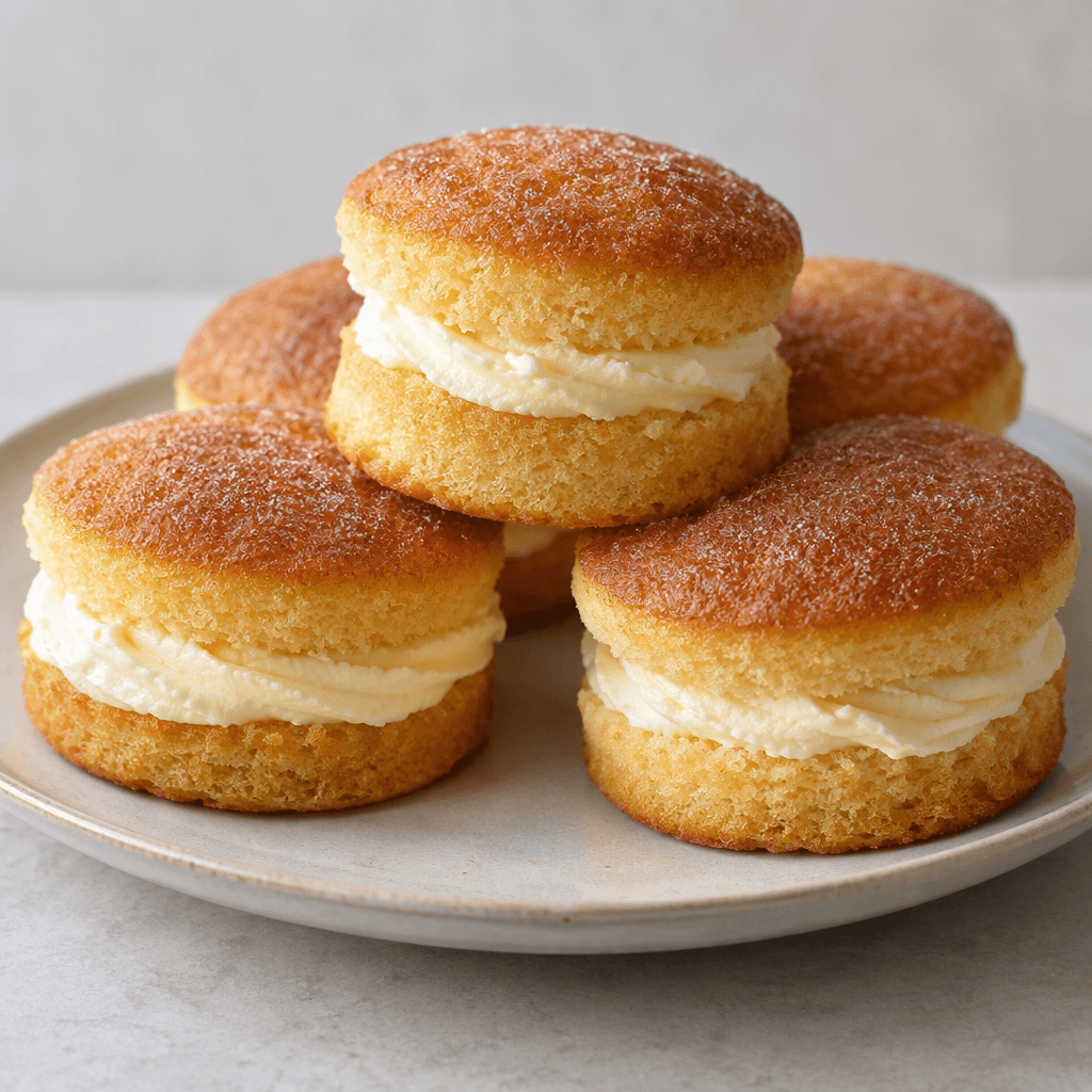 Small round, golden-brown sponge cakes with a soft, pale cream layer visible between the cakes, arranged on a plate.