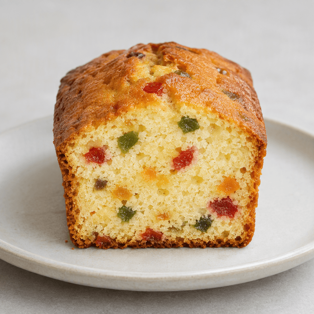 A small rectangular golden-brown sponge cake, cut to show a soft pale-yellow interior dotted with red, green and orange candied fruit pieces, rests on a plate.