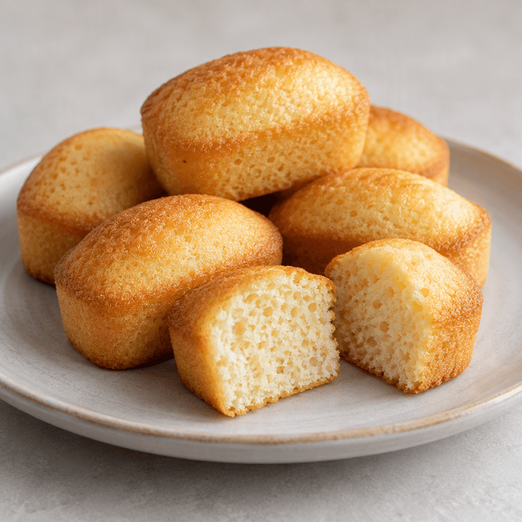 Small, bite-sized sponge cakes with rounded rectangular sides, gently domed golden-brown tops, and a fine, airy crumb visible on the cut surfaces, arranged together on a plate.