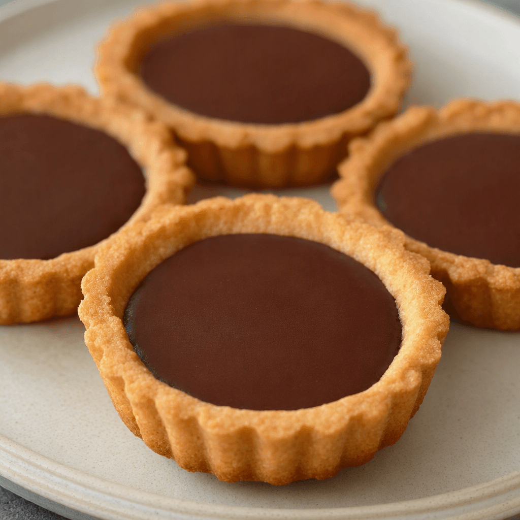 Small, round tart-shaped cakes with golden-brown ridged edges and a dark chocolate-colored filling in the center, arranged side by side.