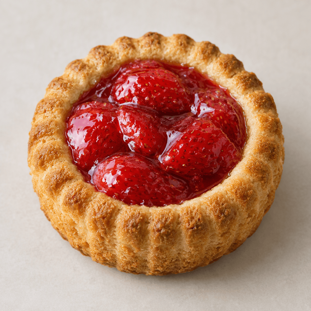 A small, round golden-brown tart cake with a raised, ridged edge and a glossy red strawberry filling in the center.