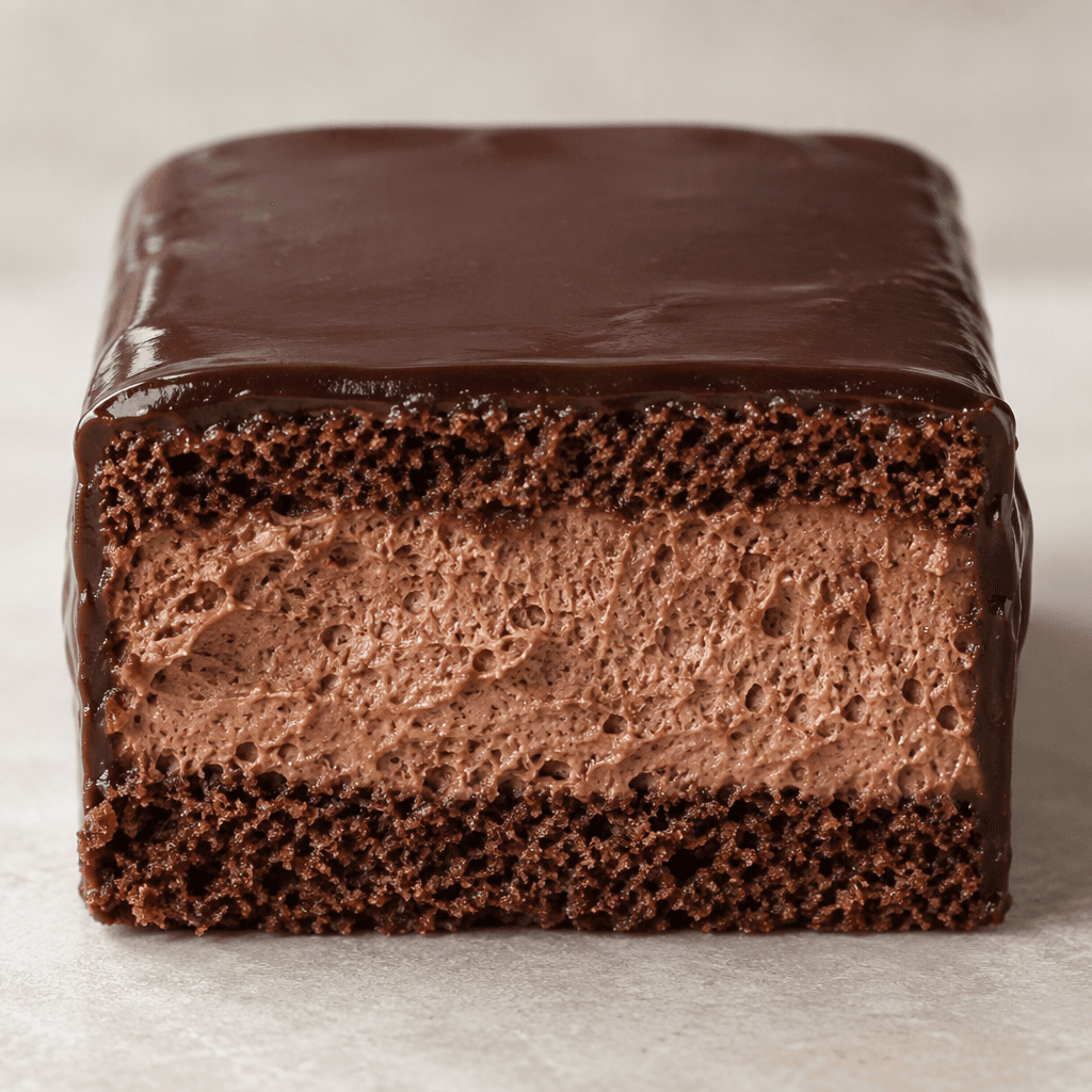 A small rectangular cocoa sponge cake with a dark chocolate coating, its cut side showing a soft, airy chocolate mousse filling.