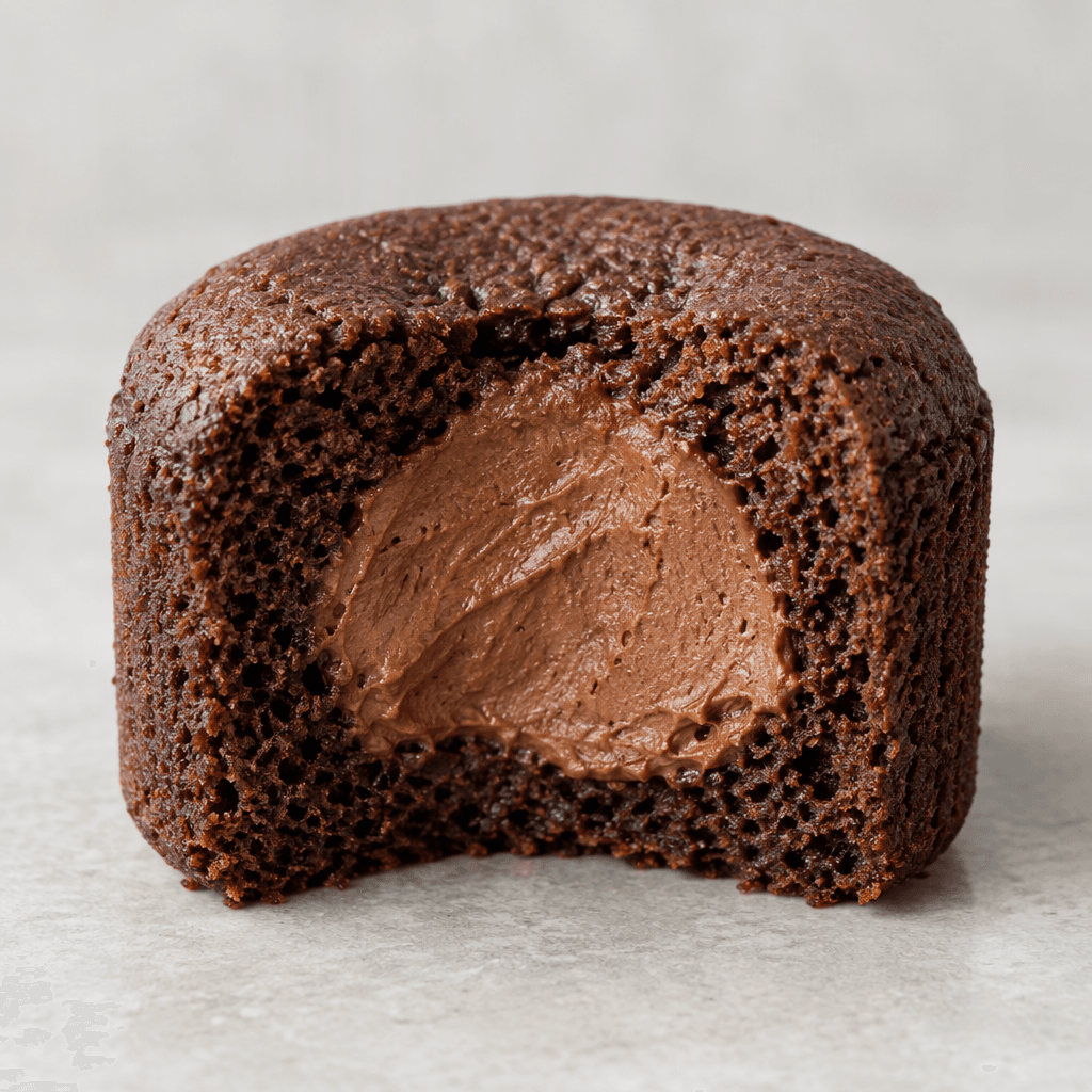 A small dark-brown chocolate cake is shown cut open, revealing a soft, porous crumb surrounding a thick, smooth chocolate mousse filling.