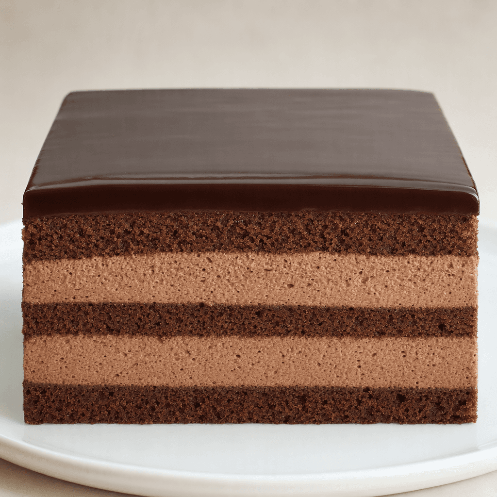 A rectangular chocolate cake with dark glossy icing, showing alternating layers of soft brown sponge and lighter, airy chocolate mousse along its cut side.
