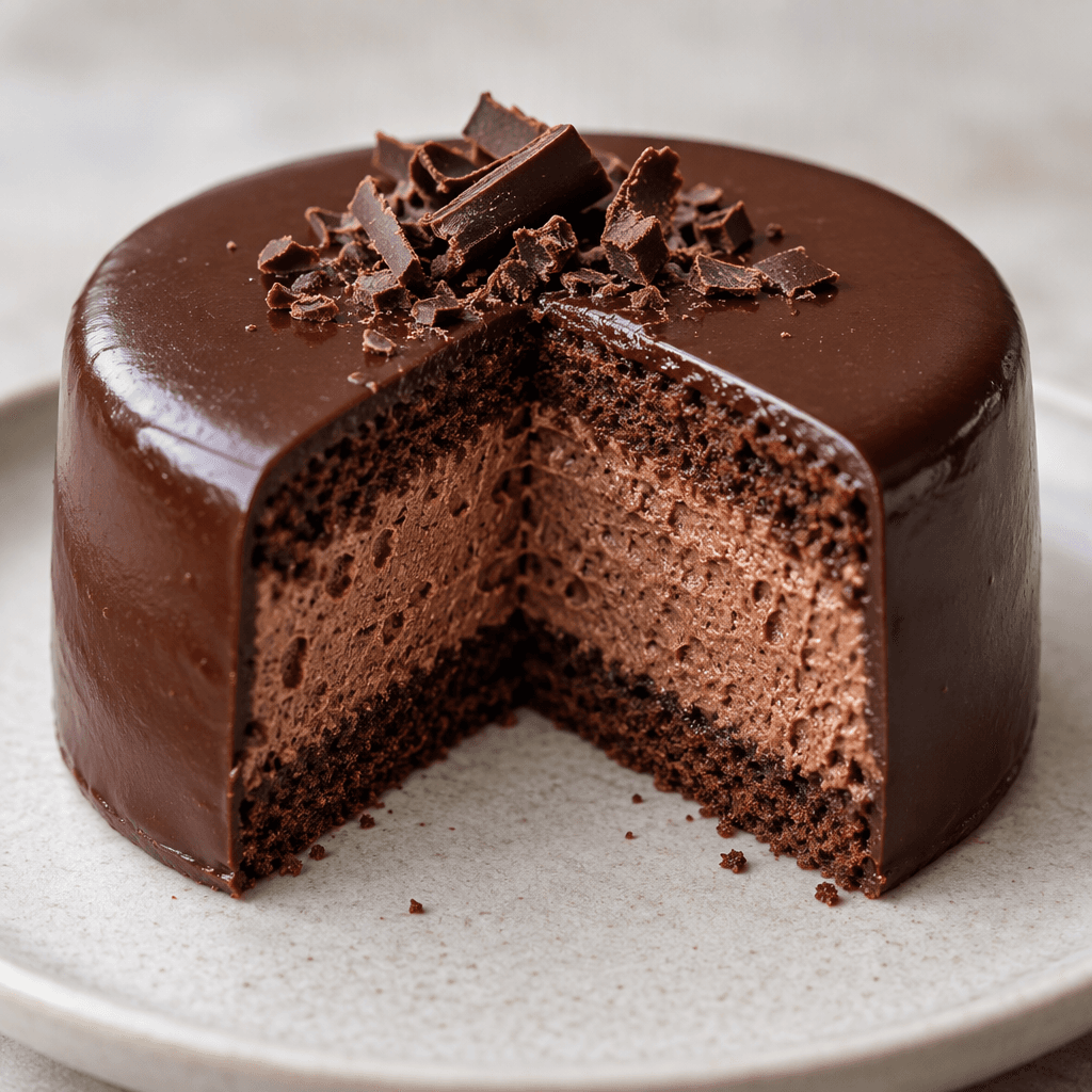 A small, round chocolate cake with a smooth dark-brown coating, shown cut open to reveal a soft, airy chocolate mousse filling between thin cake layers.