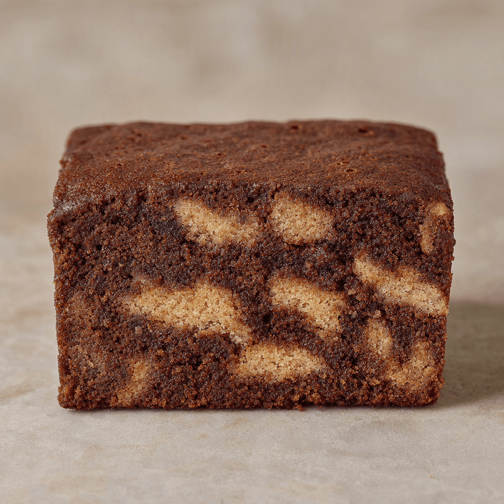 A small rectangular dark-brown cake has a soft, slightly porous crumb and a cut face mottled with irregular pale-brown cake pieces.