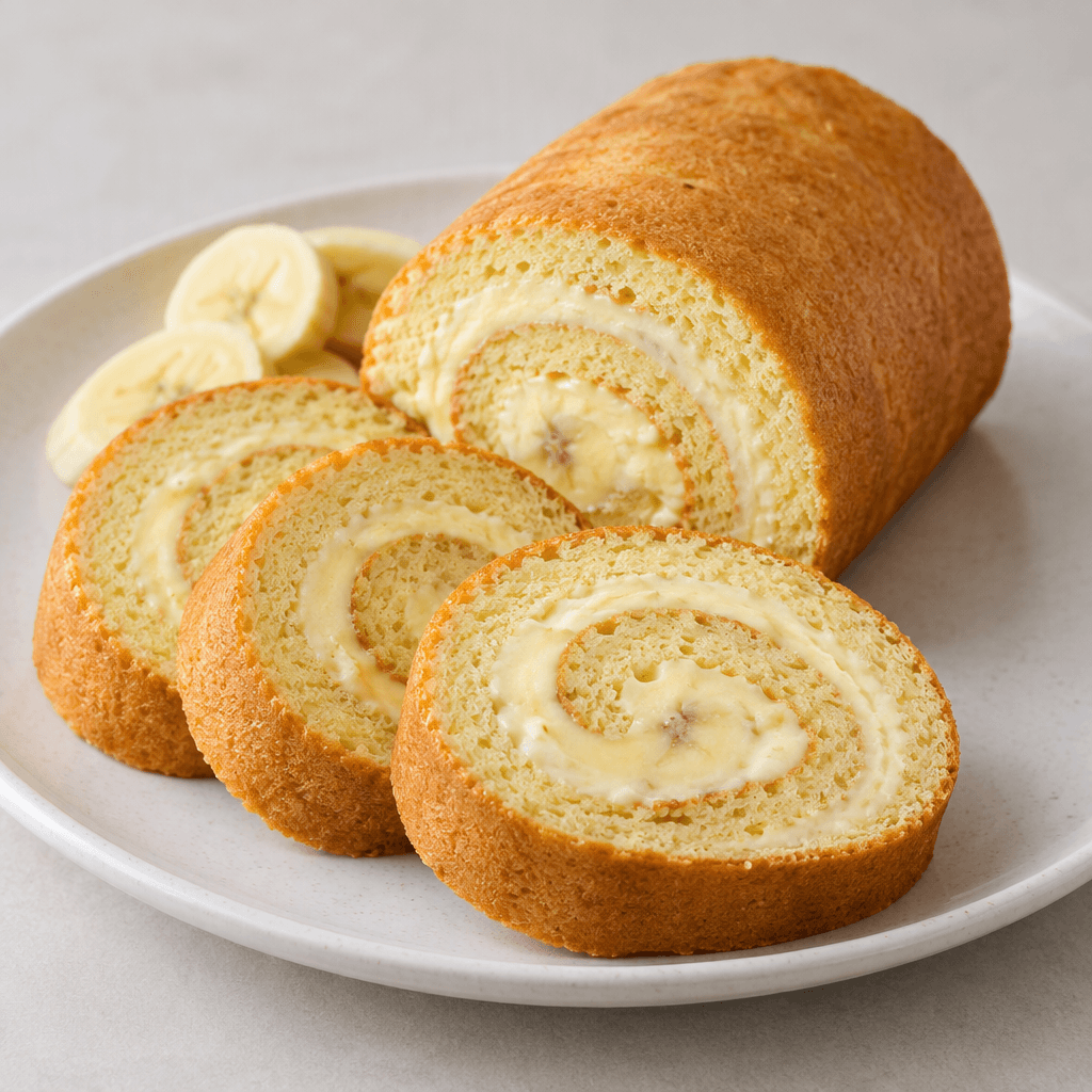 A golden-brown sponge cake is rolled around pale yellow banana cream, with the spiral filling visible at the cut ends and several slices arranged on a plate.
