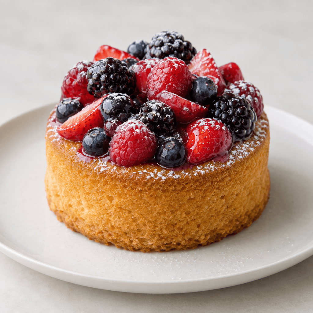 A small round cake with a soft golden-brown sponge, topped with glossy red and dark-purple berries and a light dusting of powdered sugar, served on a plain plate.