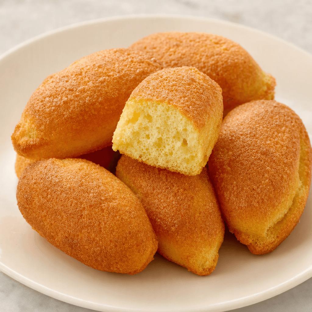 Several small, oblong cakes with a golden-brown sponge surface and a soft, airy crumb are arranged on a plate.