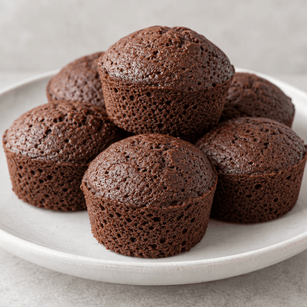 Several small, dark-brown cocoa sponge cakes with softly domed tops and a fine, porous crumb are arranged on a plate.