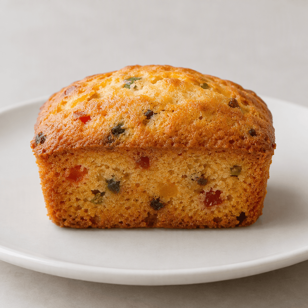 A small, golden-brown rectangular sponge cake with a softly rounded top, a fine airy crumb, and tiny colorful fruit pieces visible throughout, served on a plain plate.