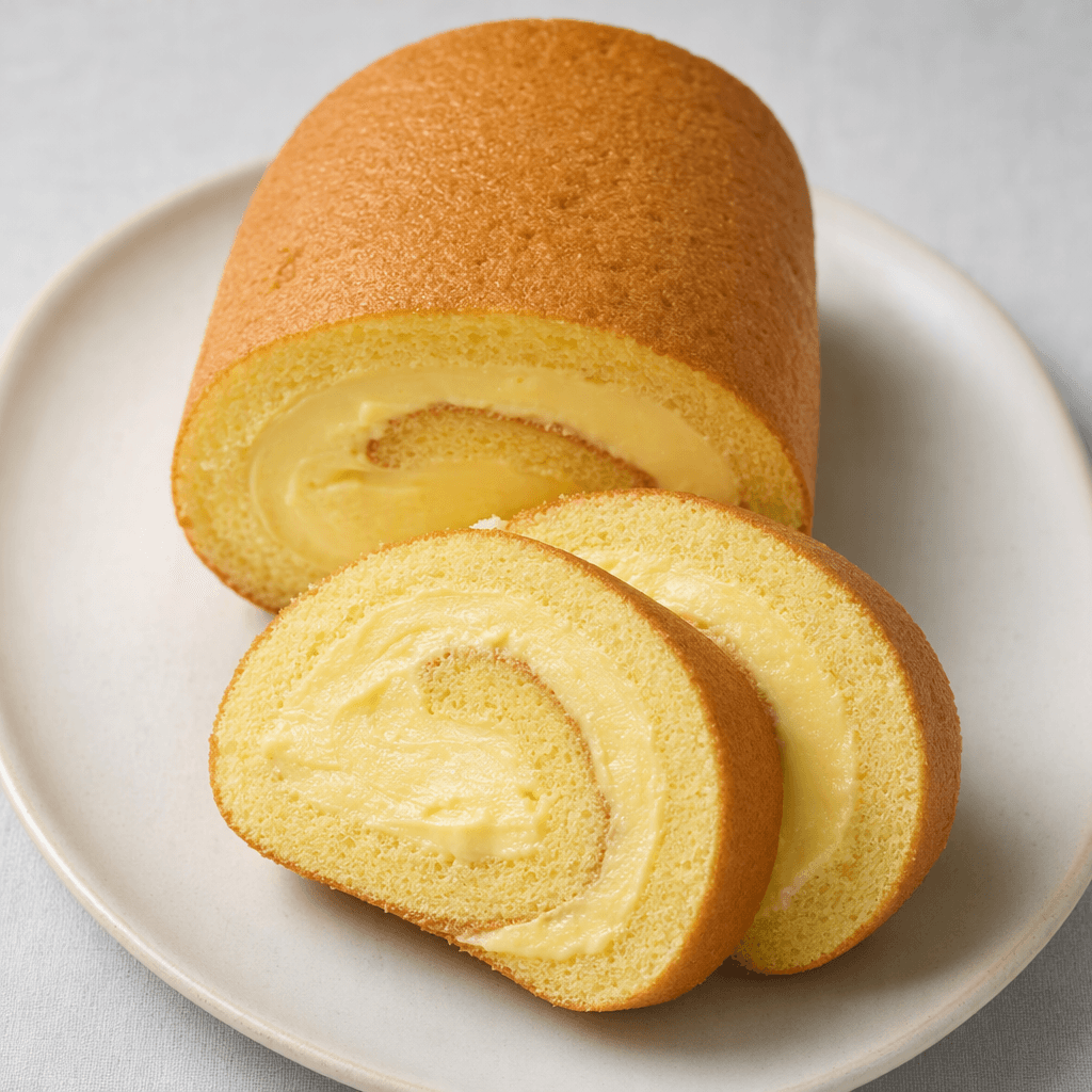 A short golden-brown sponge cake roll, cut to show a tight spiral of pale yellow cake and smooth light-yellow banana cream, with the slices arranged on a plate.