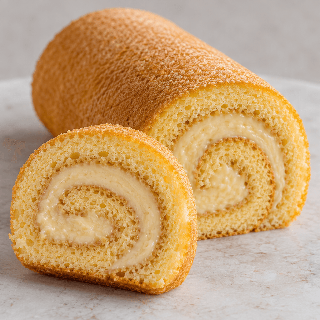 A small golden-yellow sponge cake roll with a soft, pale banana-coloured filling spiralling through its centre, shown whole beside a slice that reveals the swirl.