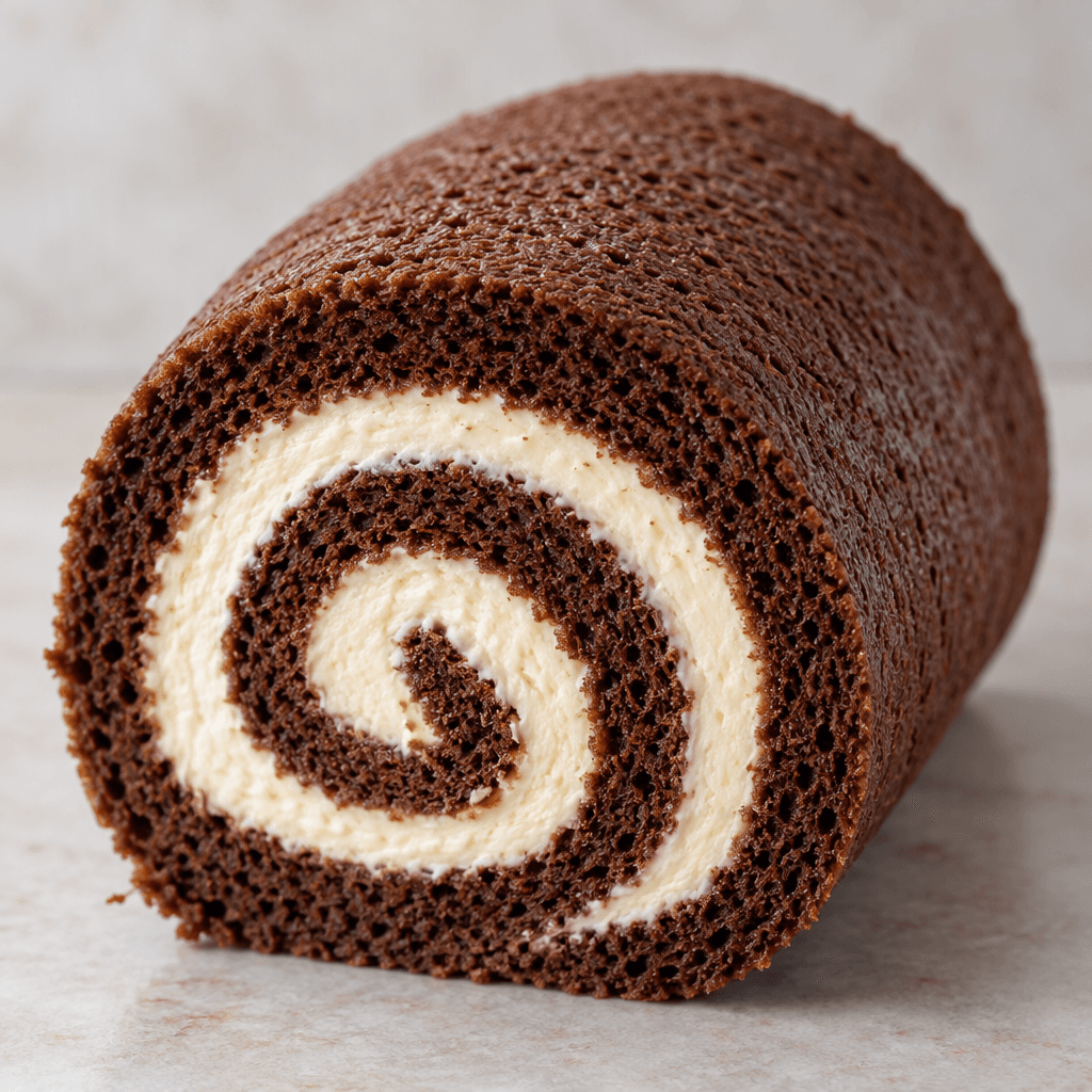 A short cylindrical chocolate sponge cake is rolled around a pale cream filling, with a tight spiral visible at its cut end and a smooth, lightly textured brown surface.