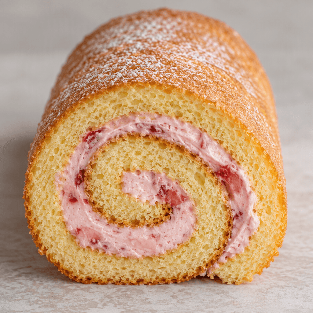A short, golden-brown sponge cake rolled into a cylinder, with a visible spiral of pale pink strawberry filling and soft, airy cake layers.