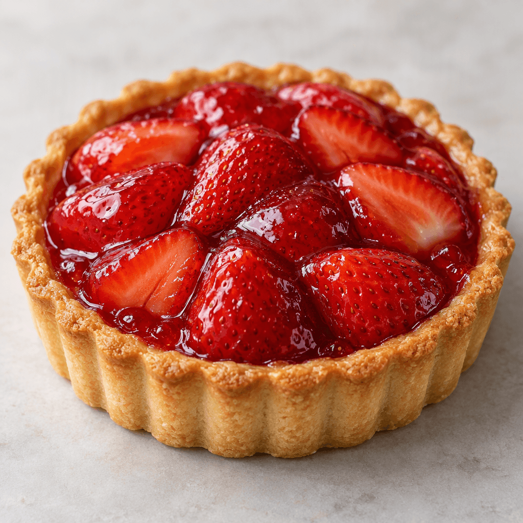 A small round tart-shaped cake with a golden-brown ridged edge and a glossy red strawberry layer in the center.