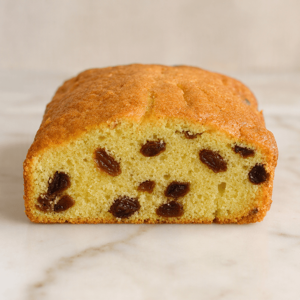 A small rectangular golden-brown sponge cake with a softly domed top, a fine airy crumb, and dark raisins visible throughout, served whole or cut to show its interior.