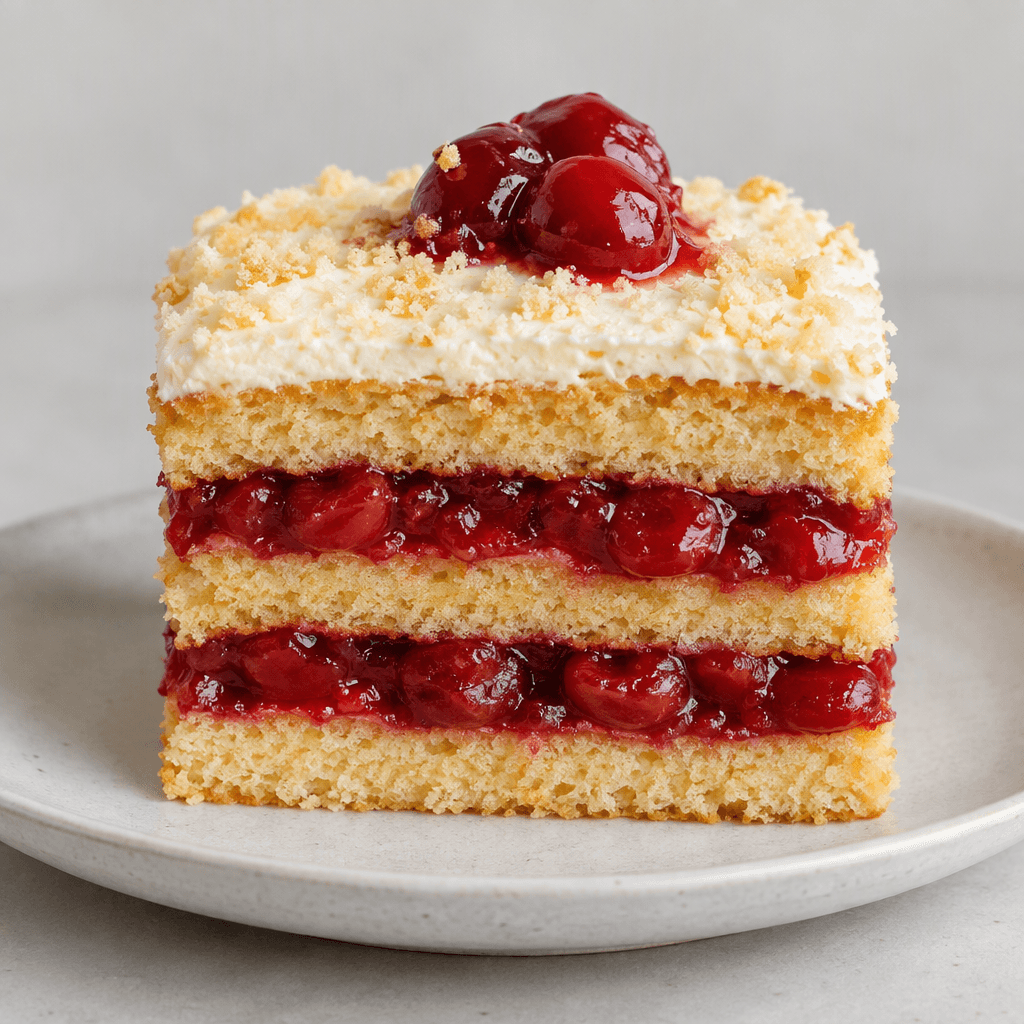 A rectangular slice of layered cake with soft golden sponge layers and a vivid red cherry filling visible between them, served on a plate.